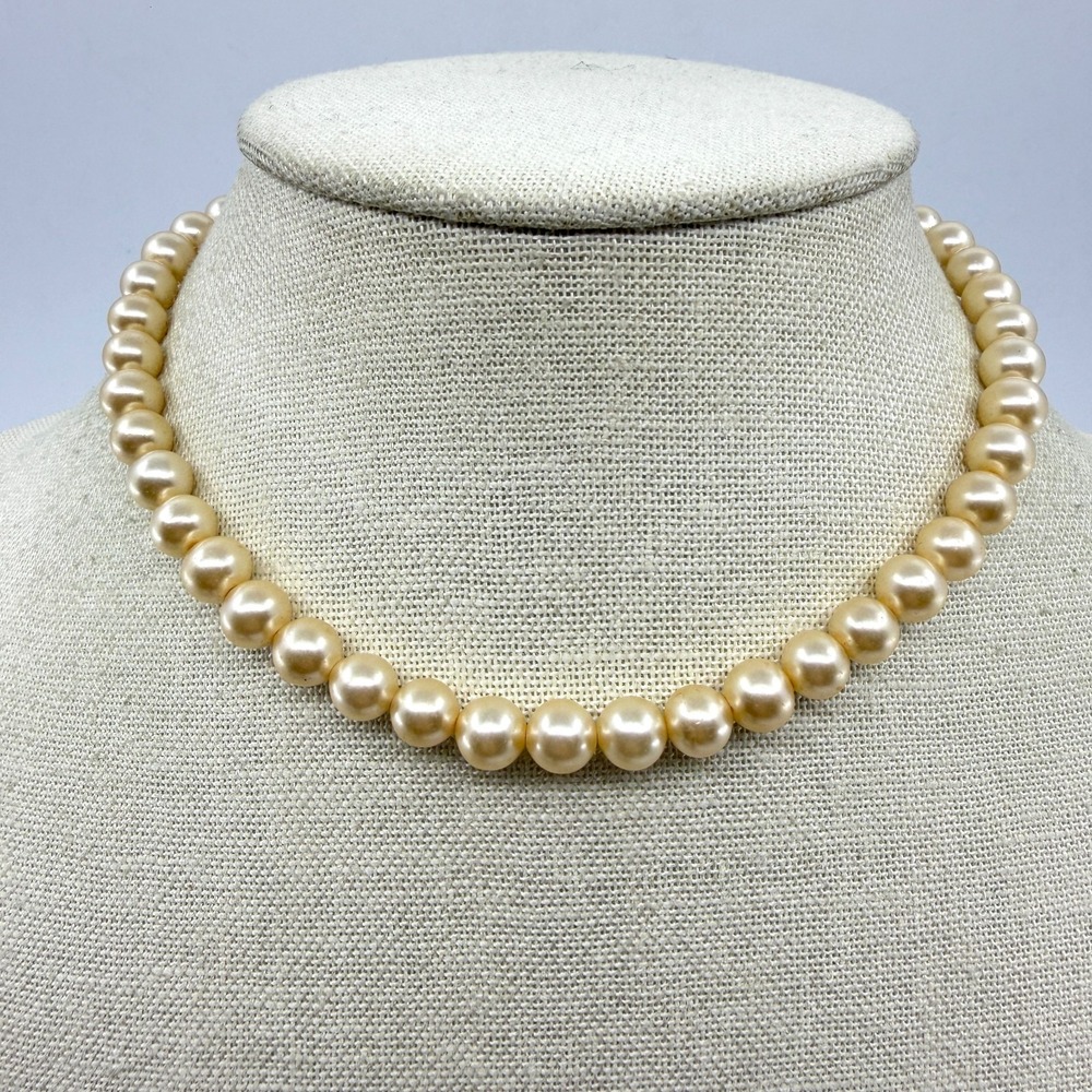 Champagne Faux Pearl Graduated Necklace Rhinestone Spacer Silver Tone Bridal